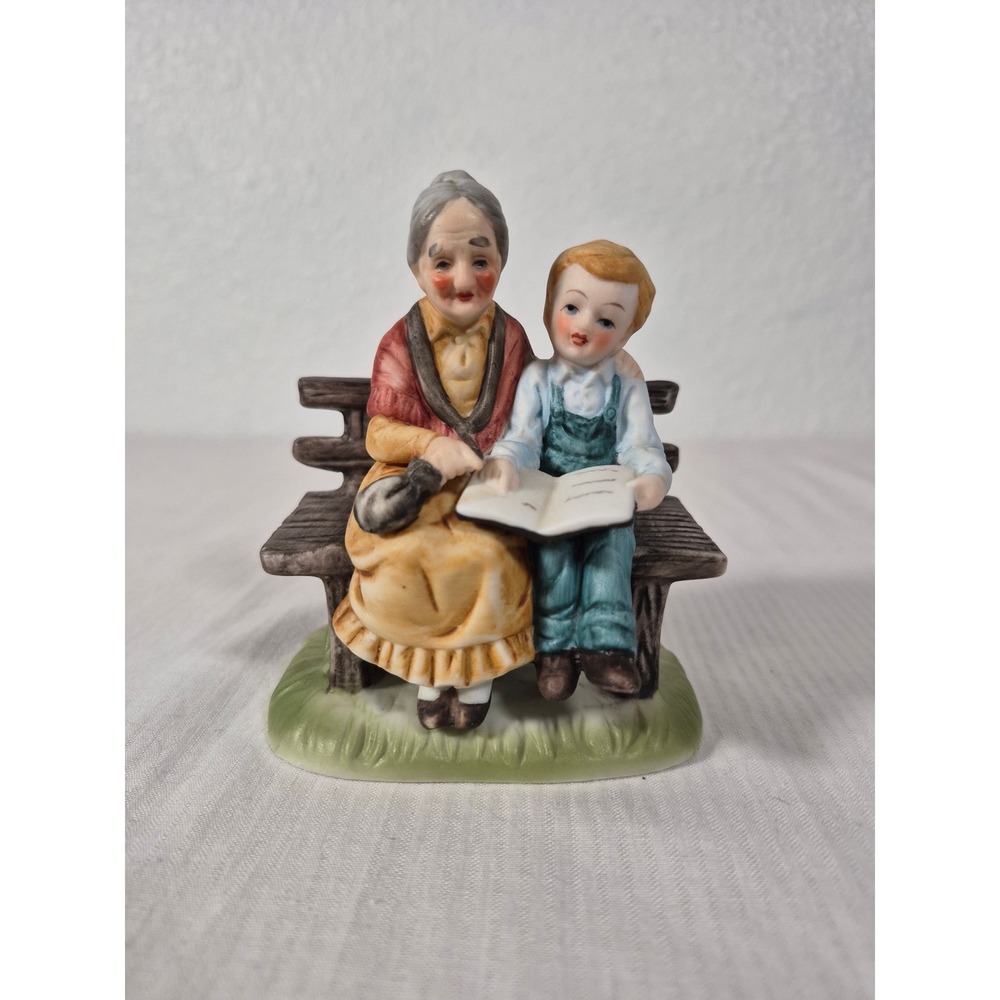 Lefton Porcelain Figurine Grandmother and Grandson Reading on Bench Decor